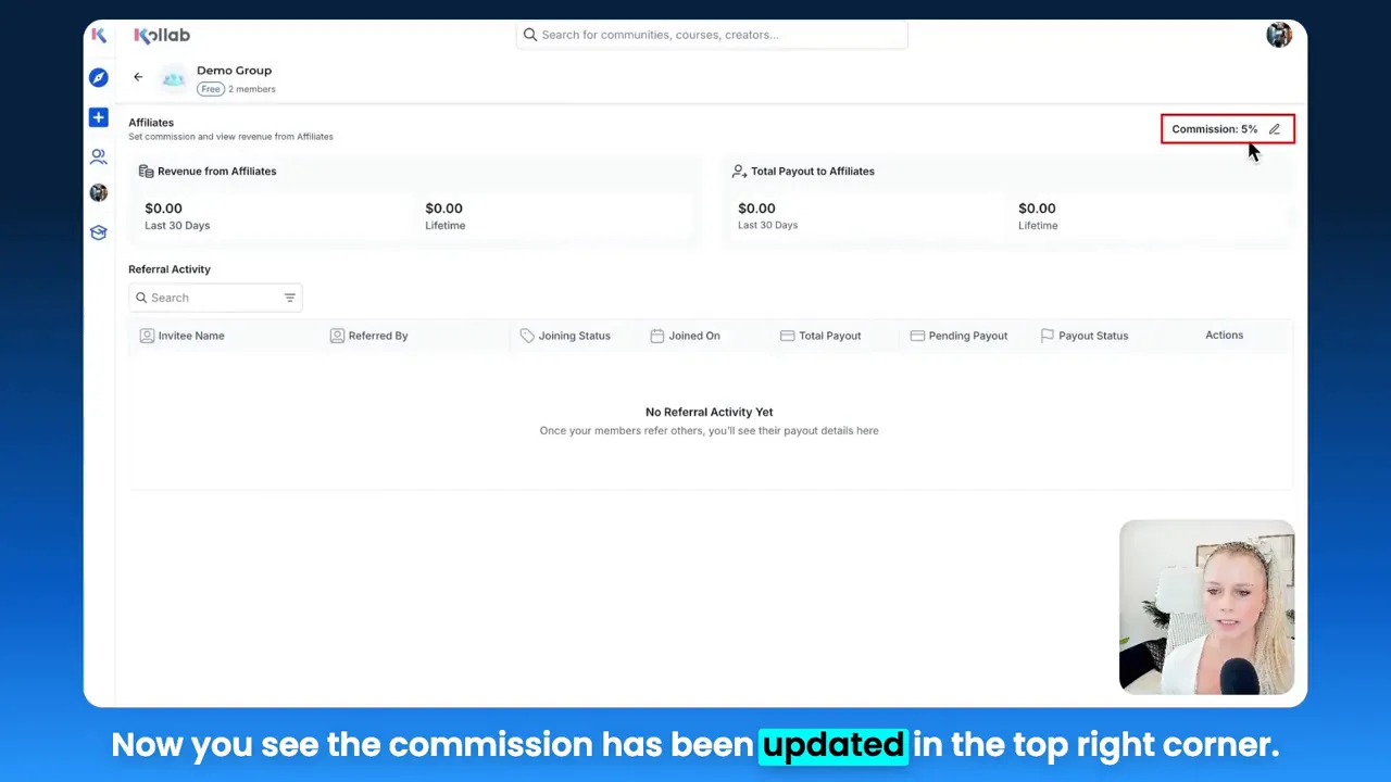 Owner updating commission percentage in the affiliate settings
