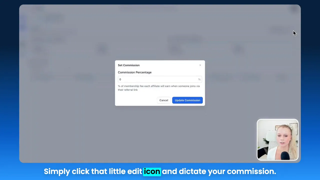 Setting commission percentage in the affiliate dashboard