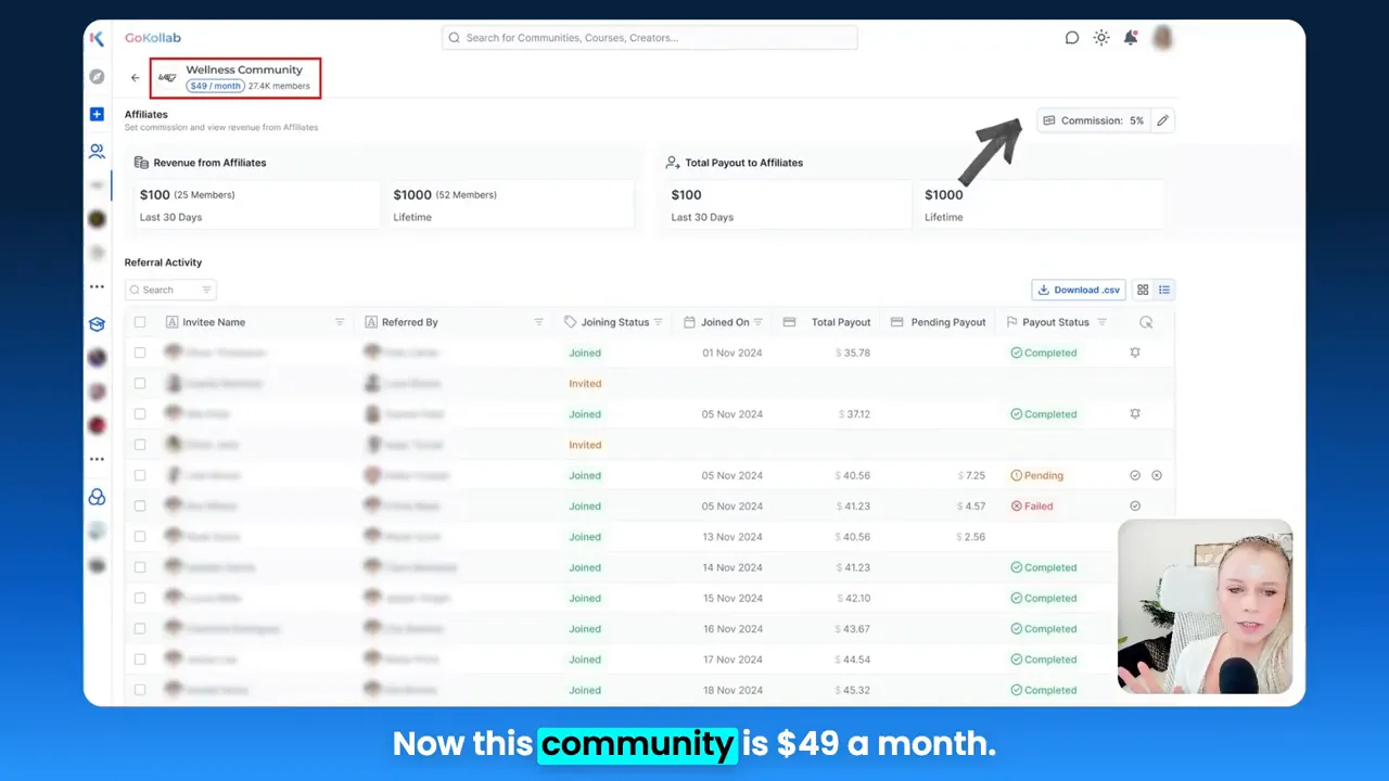 Community membership count and price display with revenue summary