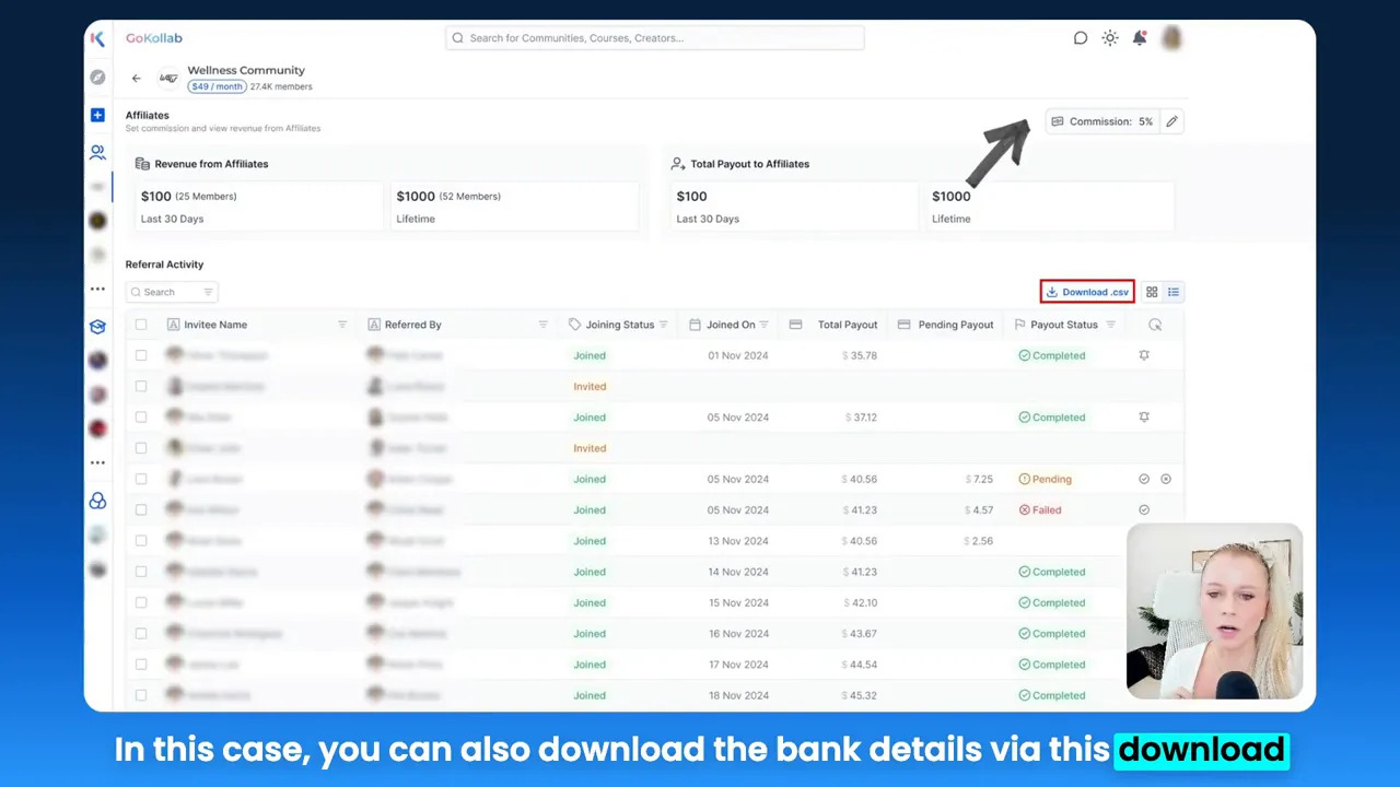 Download CSV for affiliate bank details and pending payouts