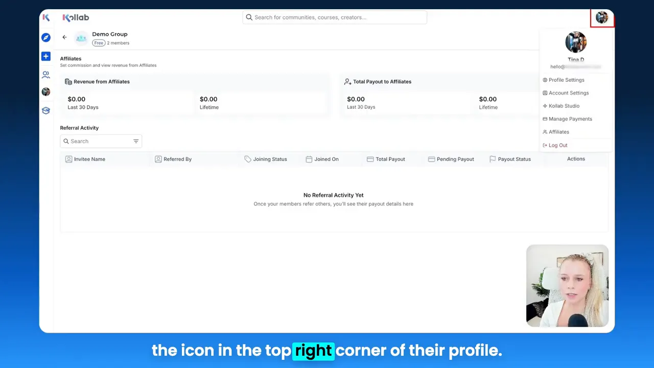 Member profile icon and affiliates option in the top right corner