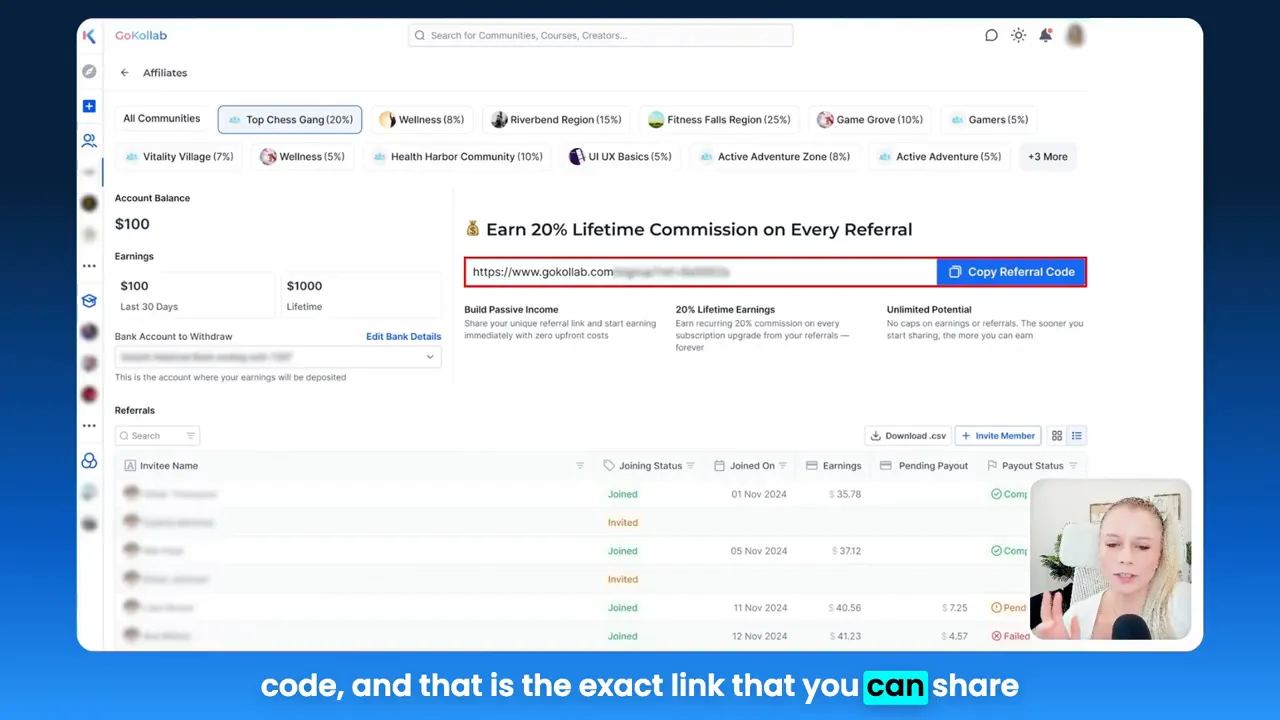 Member view of the affiliates page with copy referral code button
