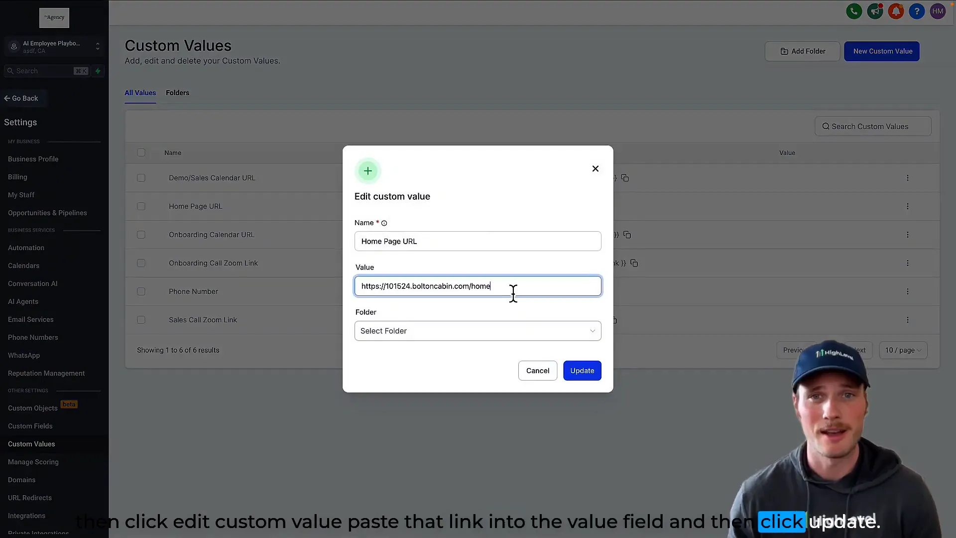 Editing custom values with URLs in Lead Connector settings