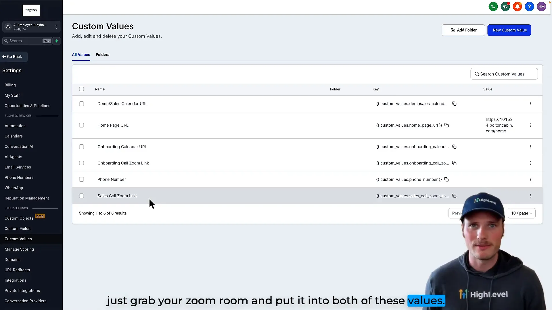 Custom values for onboarding and sales call Zoom links