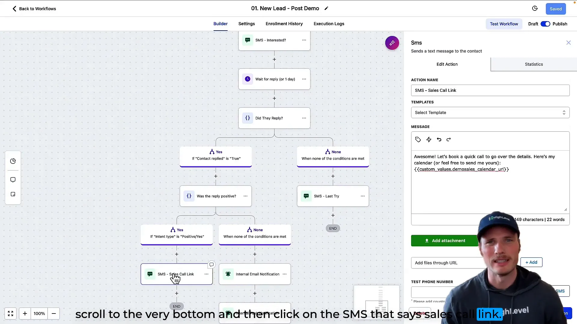 Automation workflow showing SMS with sales call link using custom values