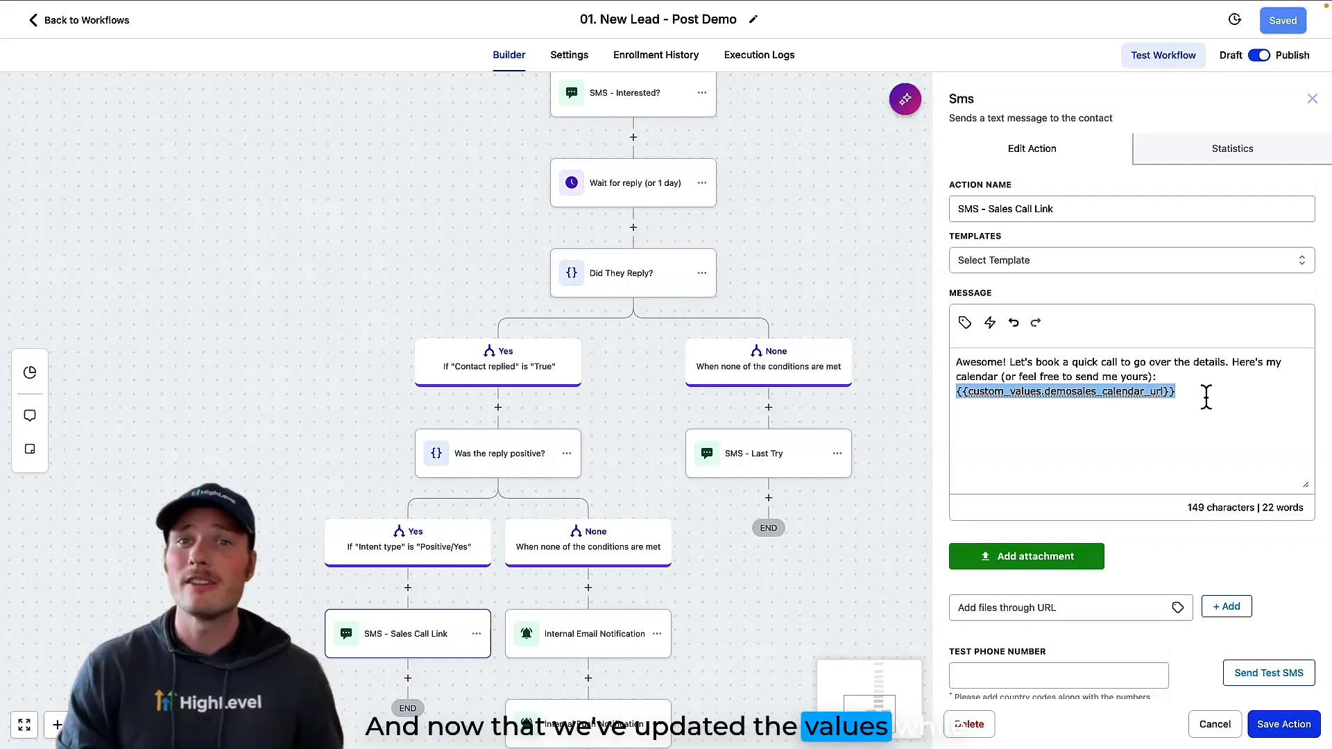 Website content showing placeholders for custom values and merge fields