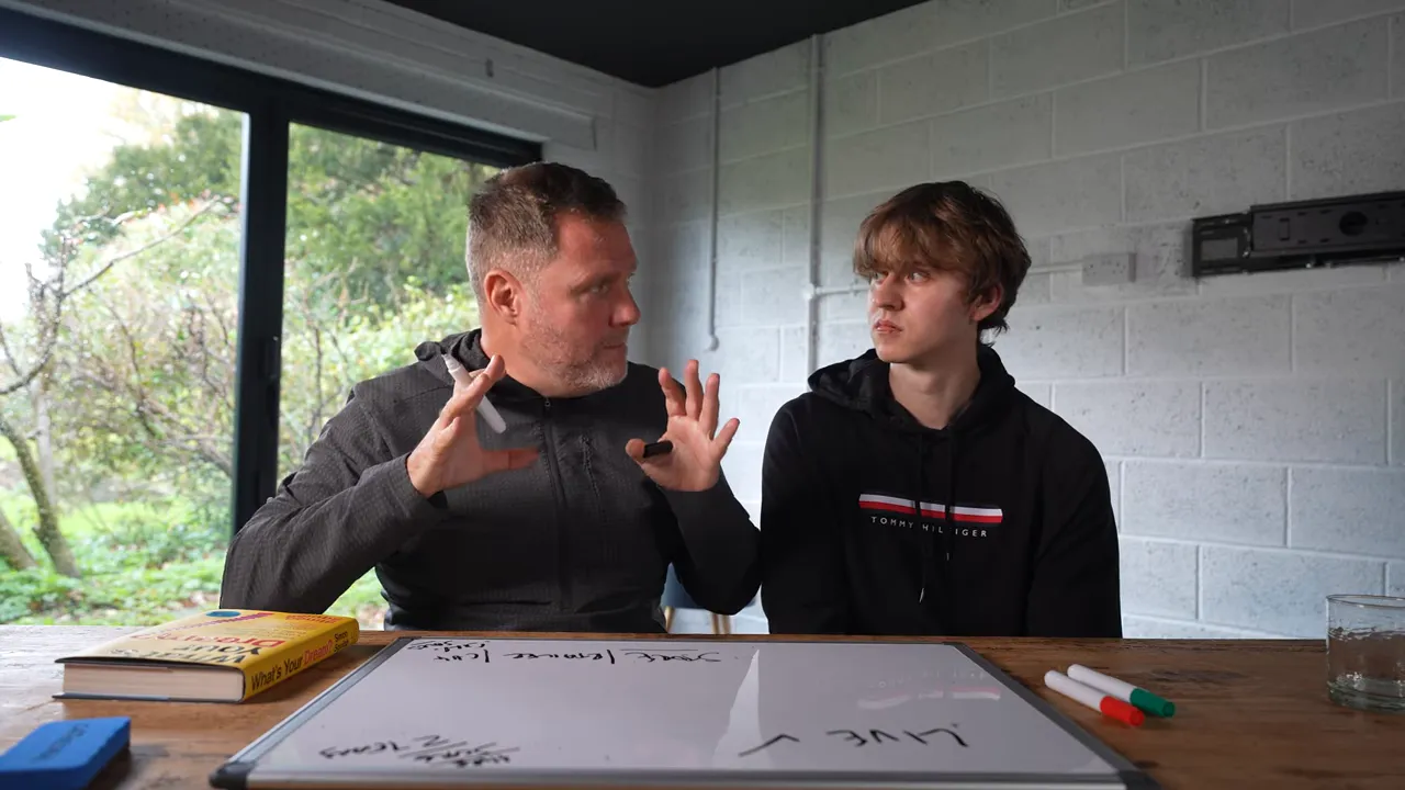 Two people explaining and mapping a funnel on a whiteboard with markers on the table.