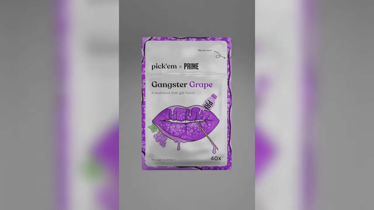 Pick'em x PRIME 'Gangster Grape' product pouch packaging, purple design.