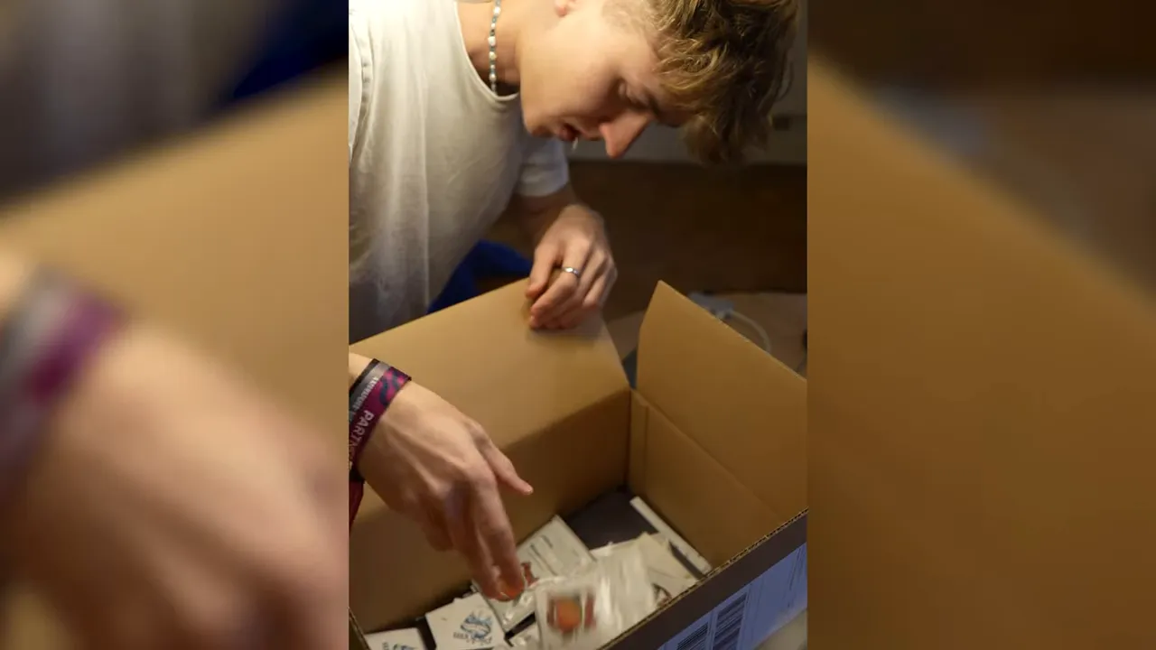 person packing product sample packs into a shipping box, preparing orders