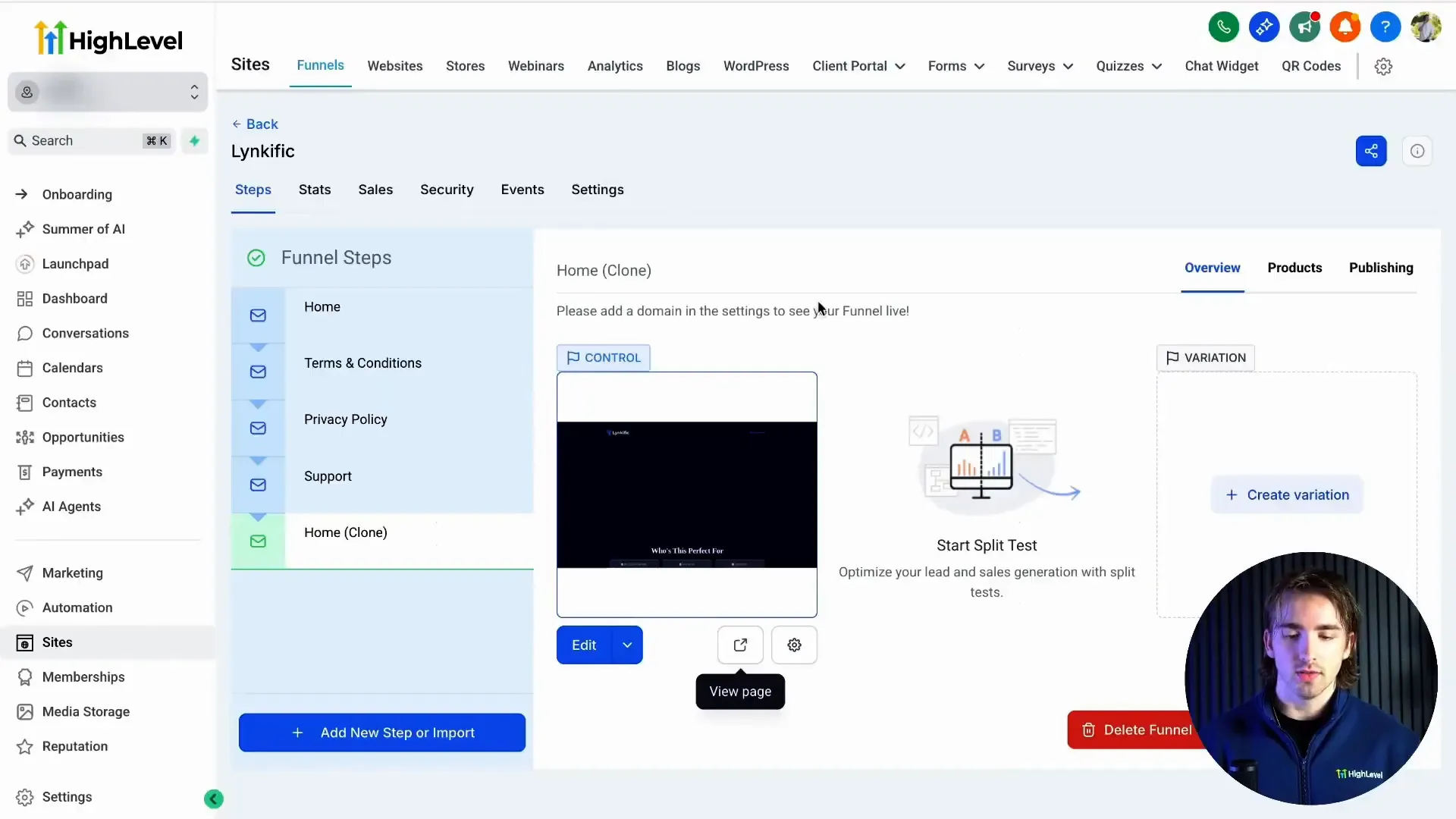 GFunnel's drag-and-drop funnel builder interface