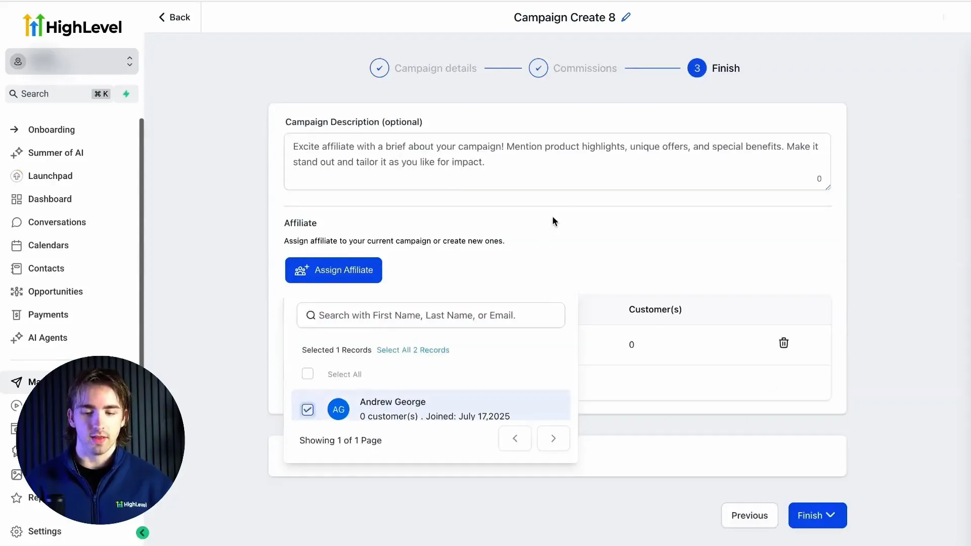 Affiliate dashboard interface within GFunnel