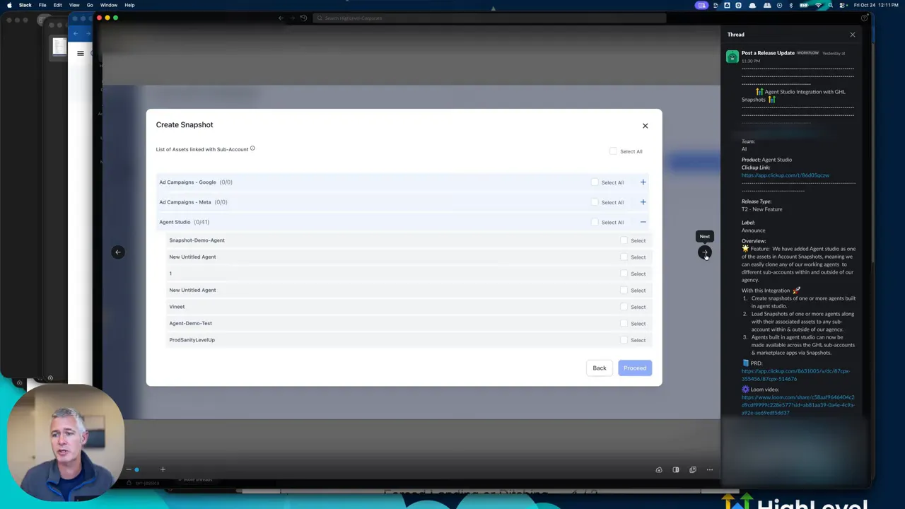 Agent studio integrated with snapshots workflow showing distribution options
