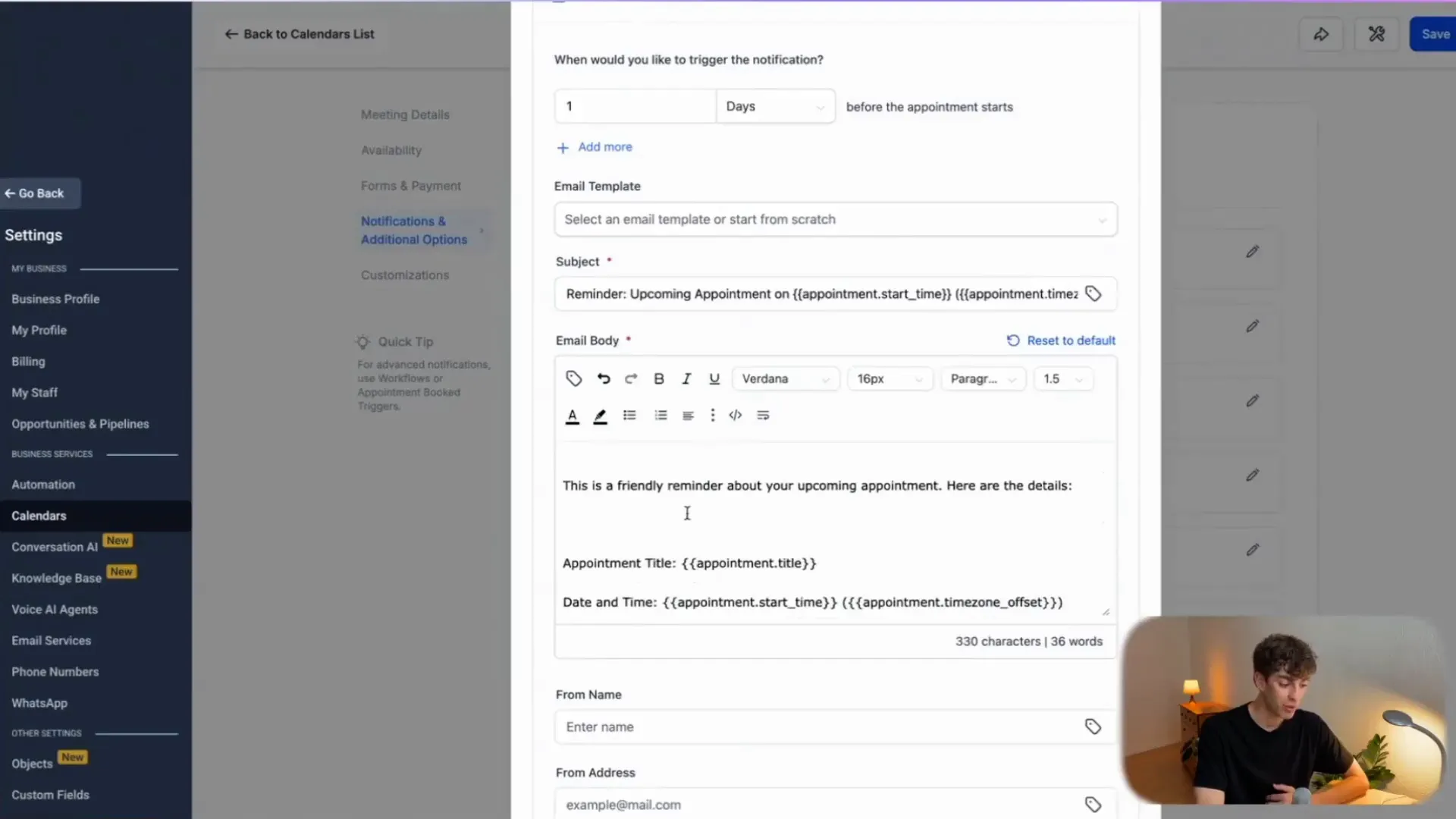 Customizable email reminder editor in HighLevel
