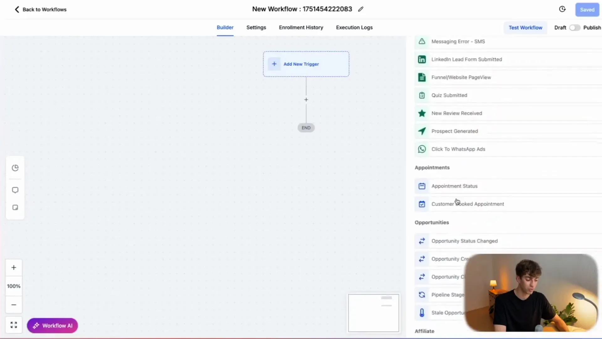 HighLevel workflow builder showing triggers and actions