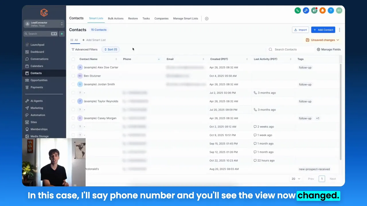Contacts list view showing sortable columns and contact records