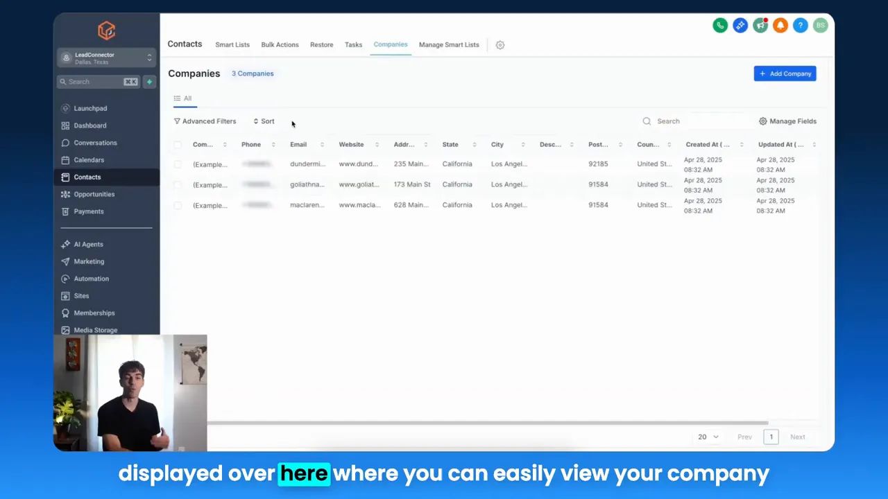 Companies list view displaying company records and sortable fields