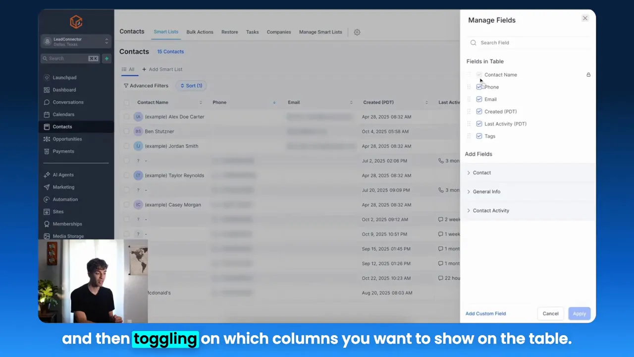 Sort menu showing available sortable fields in contacts list