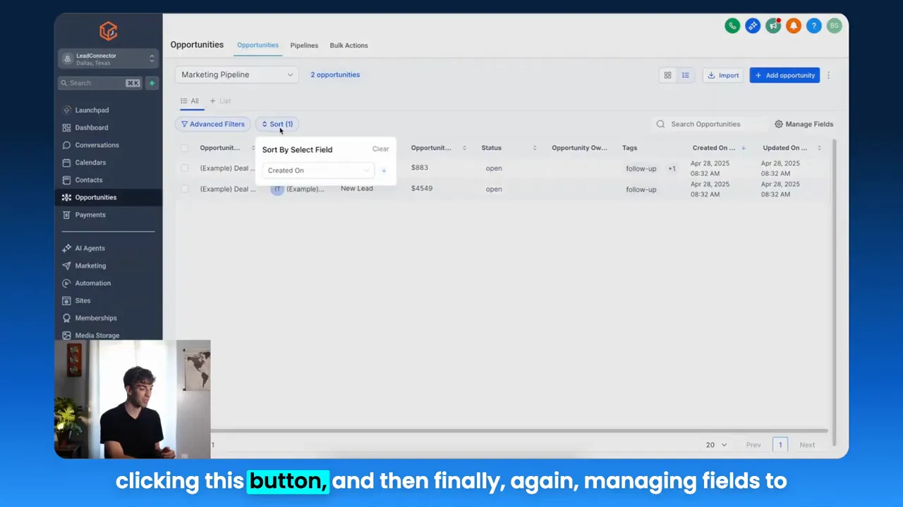 Opportunities list view, switching from pipeline to list for bulk sorting and field management