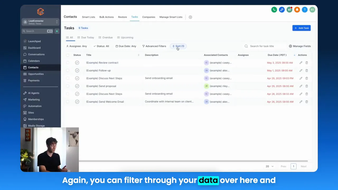 Tasks list view showing task records and filters