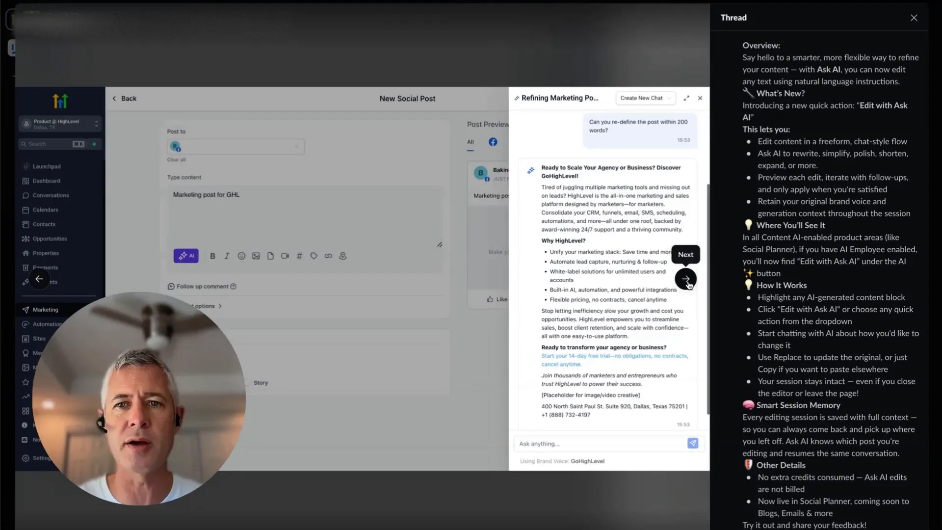 Ask AI generating and refining social media posts