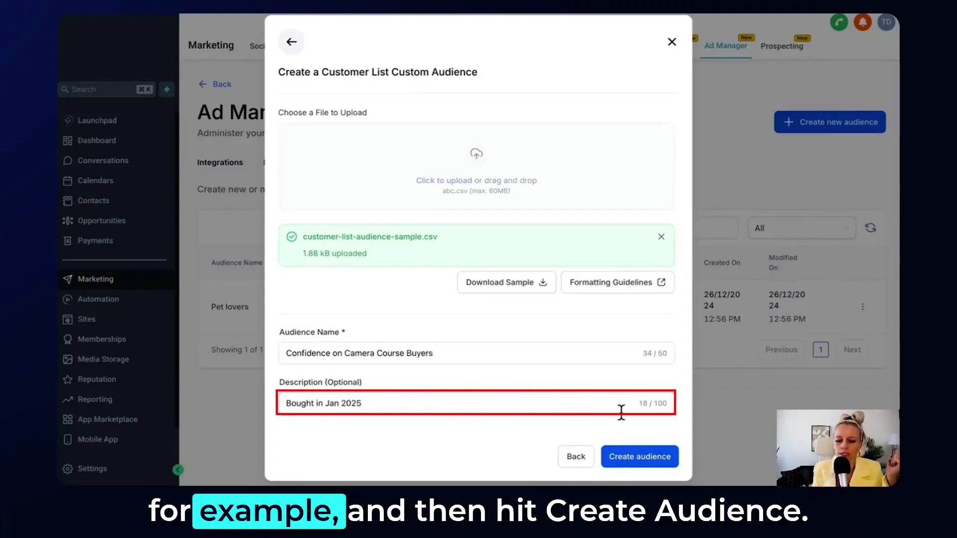 Naming and describing custom audience for tracking