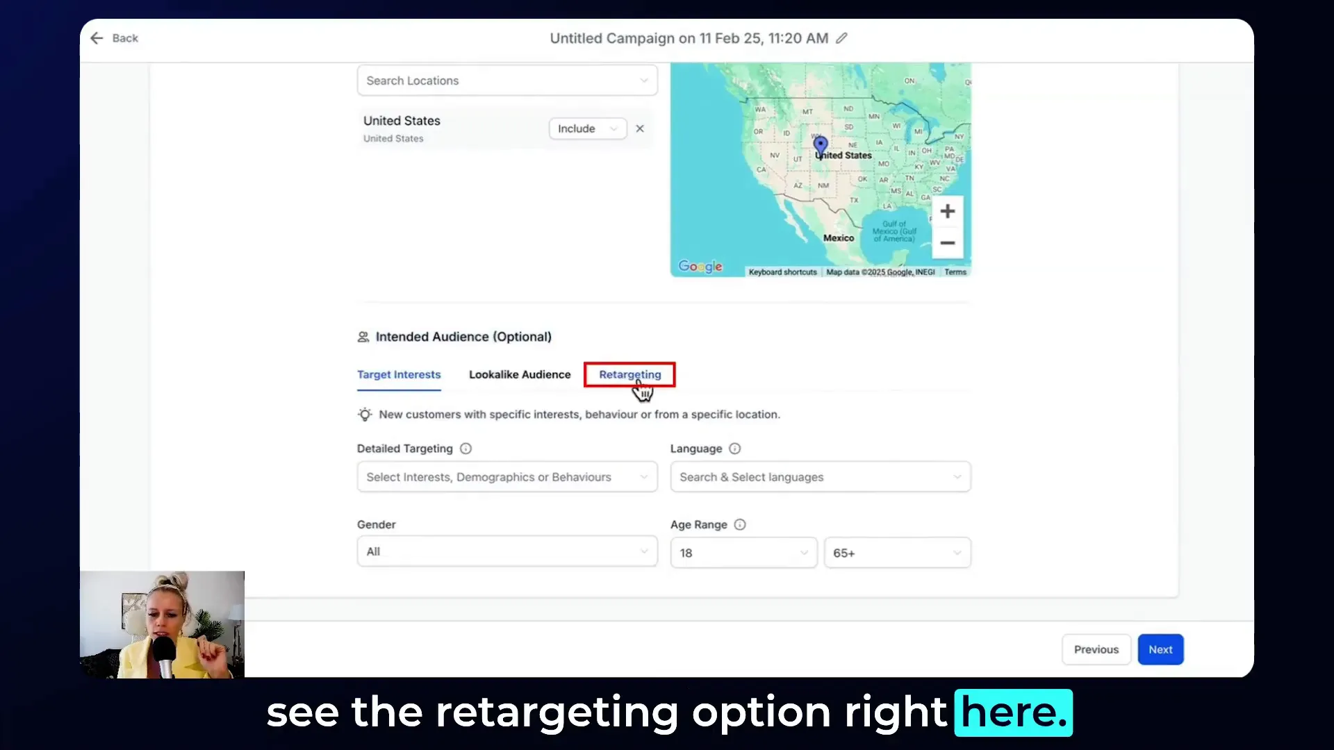 Selecting retargeting options in Ads Manager