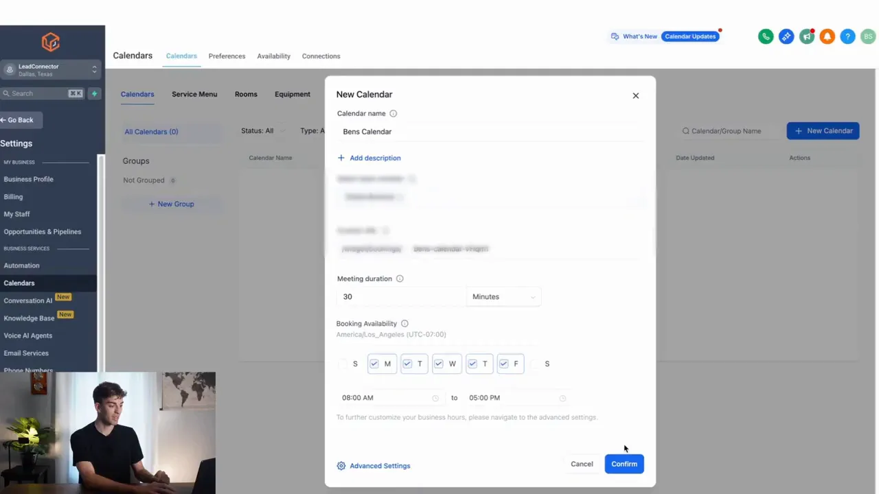 Calendar creation screen showing how to create a new calendar and select a team member