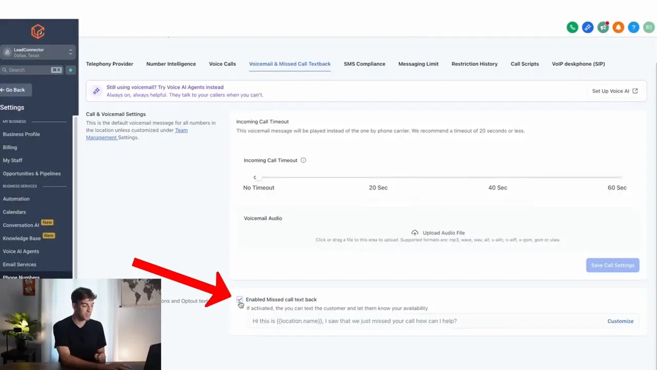 High Level settings screen showing 'phone numbers' and 'voicemail and miss call text back' toggle