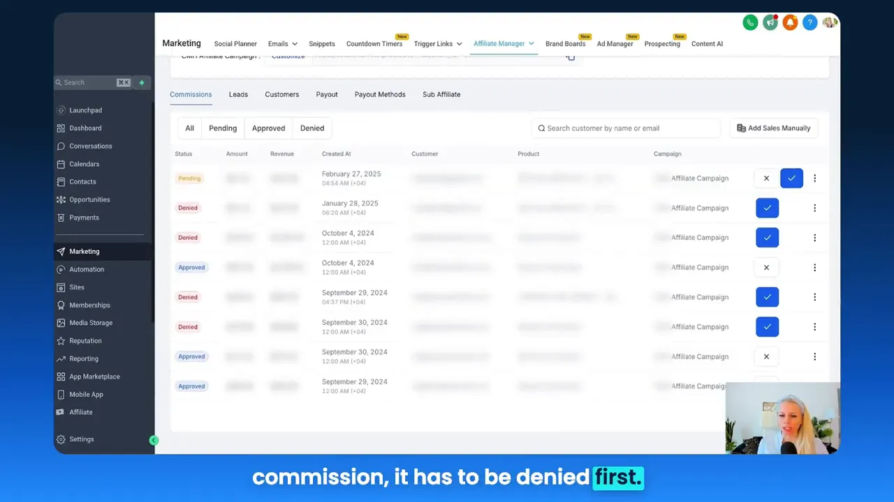 Commissions tab showing pending and denied statuses in the affiliate account