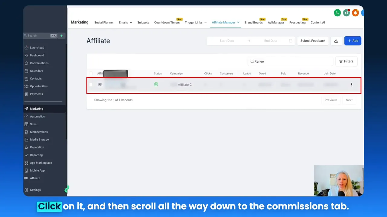 Selecting the affiliate to manage inside GFunnel’s Affiliate Manager