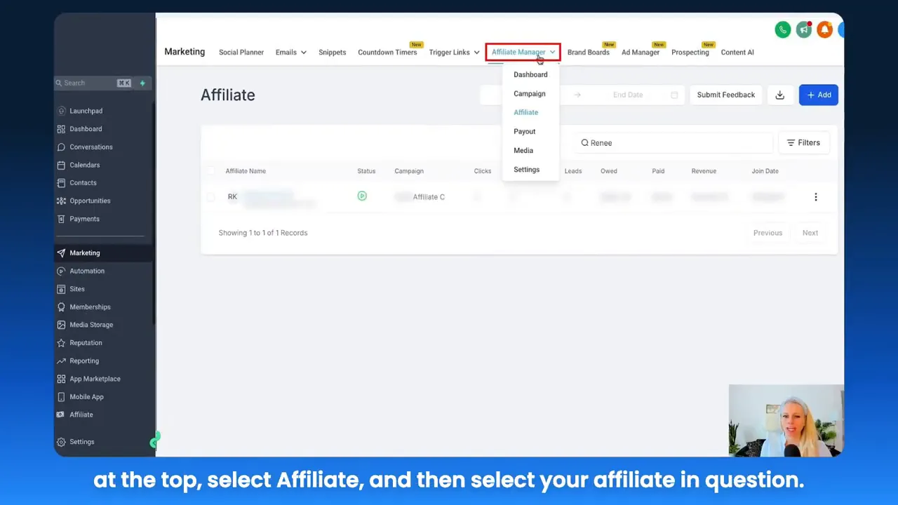 GFunnel dashboard navigation to Affiliate Manager