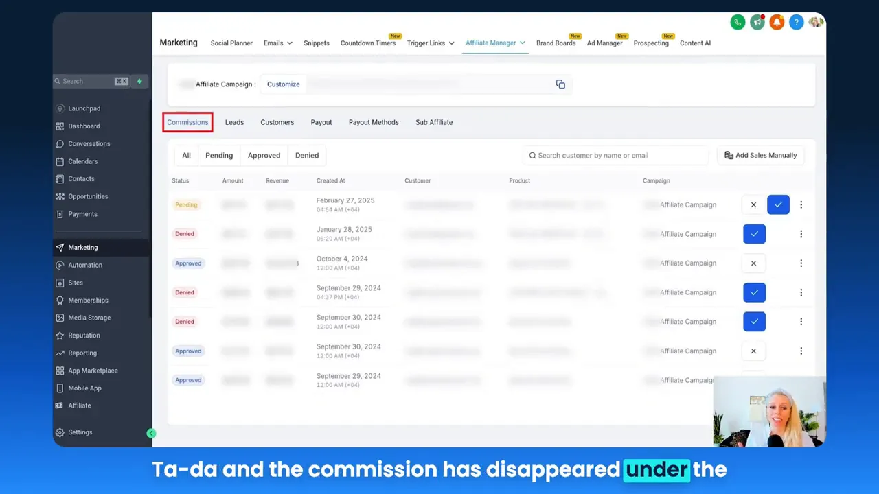 Confirmation that commission has been deleted from the affiliate account