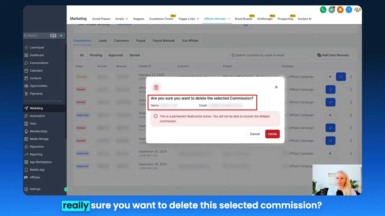 Delete confirmation modal to confirm irreversible deletion of a commission
