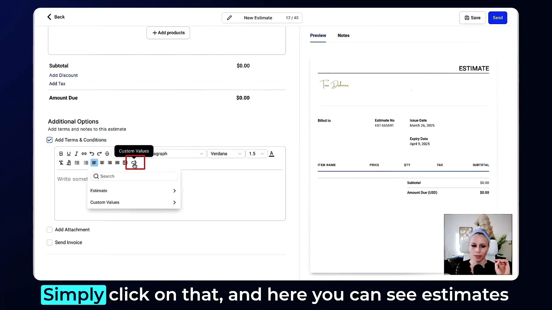 Custom values icon in estimate terms and conditions section