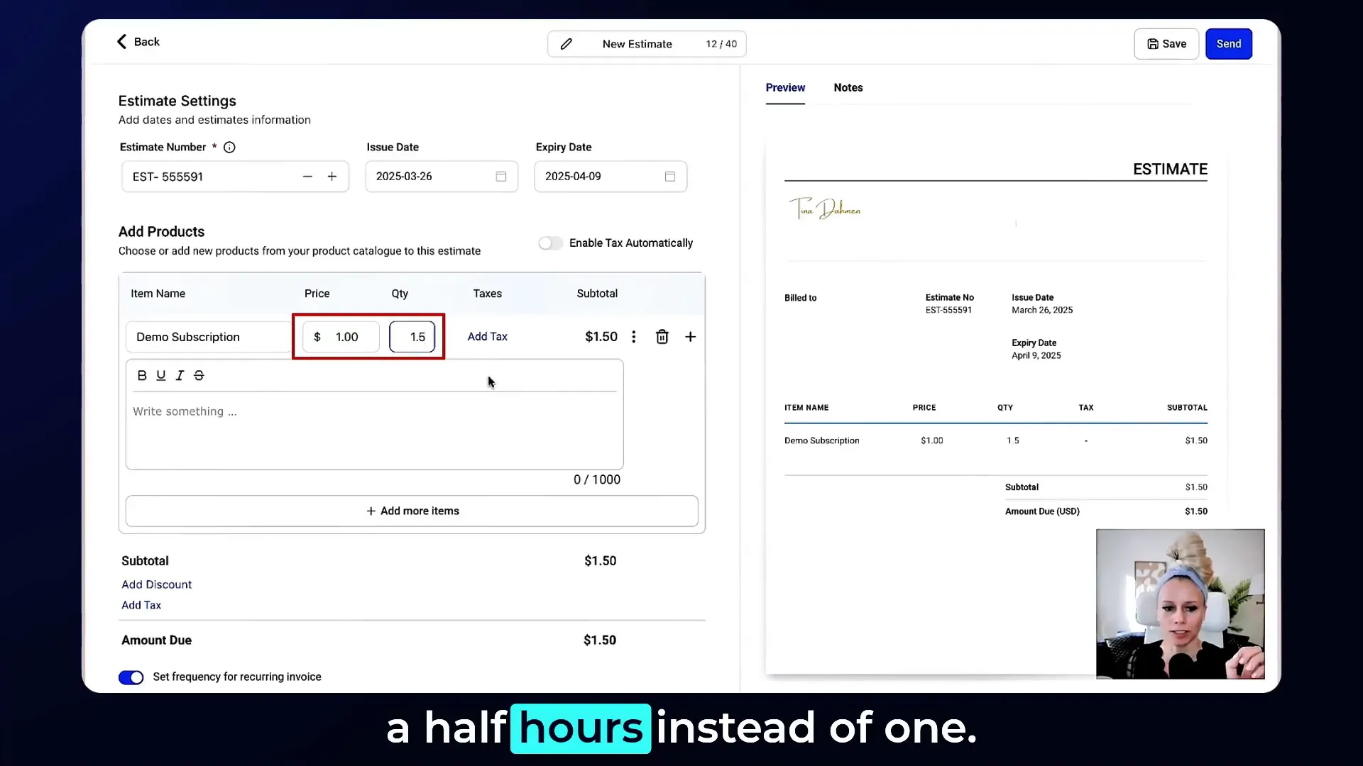 Adding a product with a partial quantity in the estimate