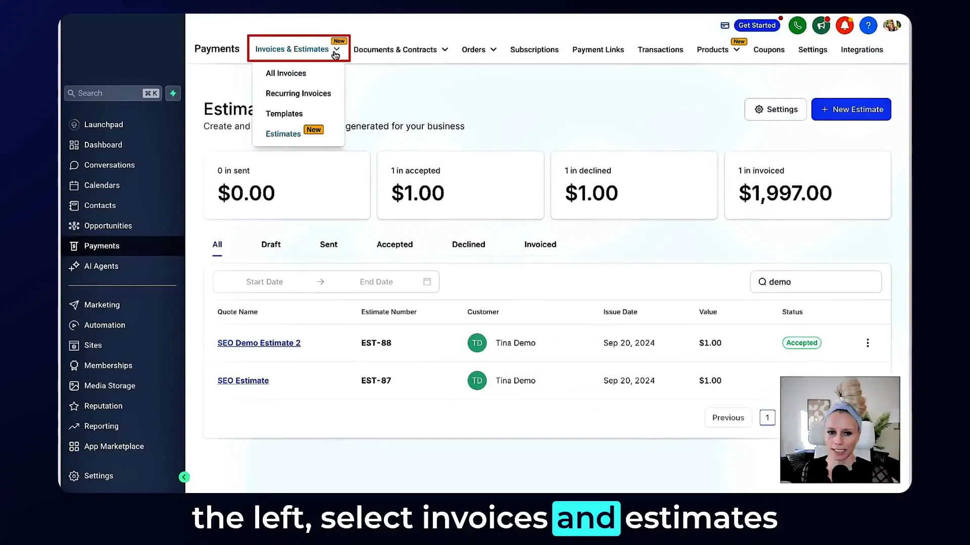 Navigating to estimates and invoices in GFunnel platform