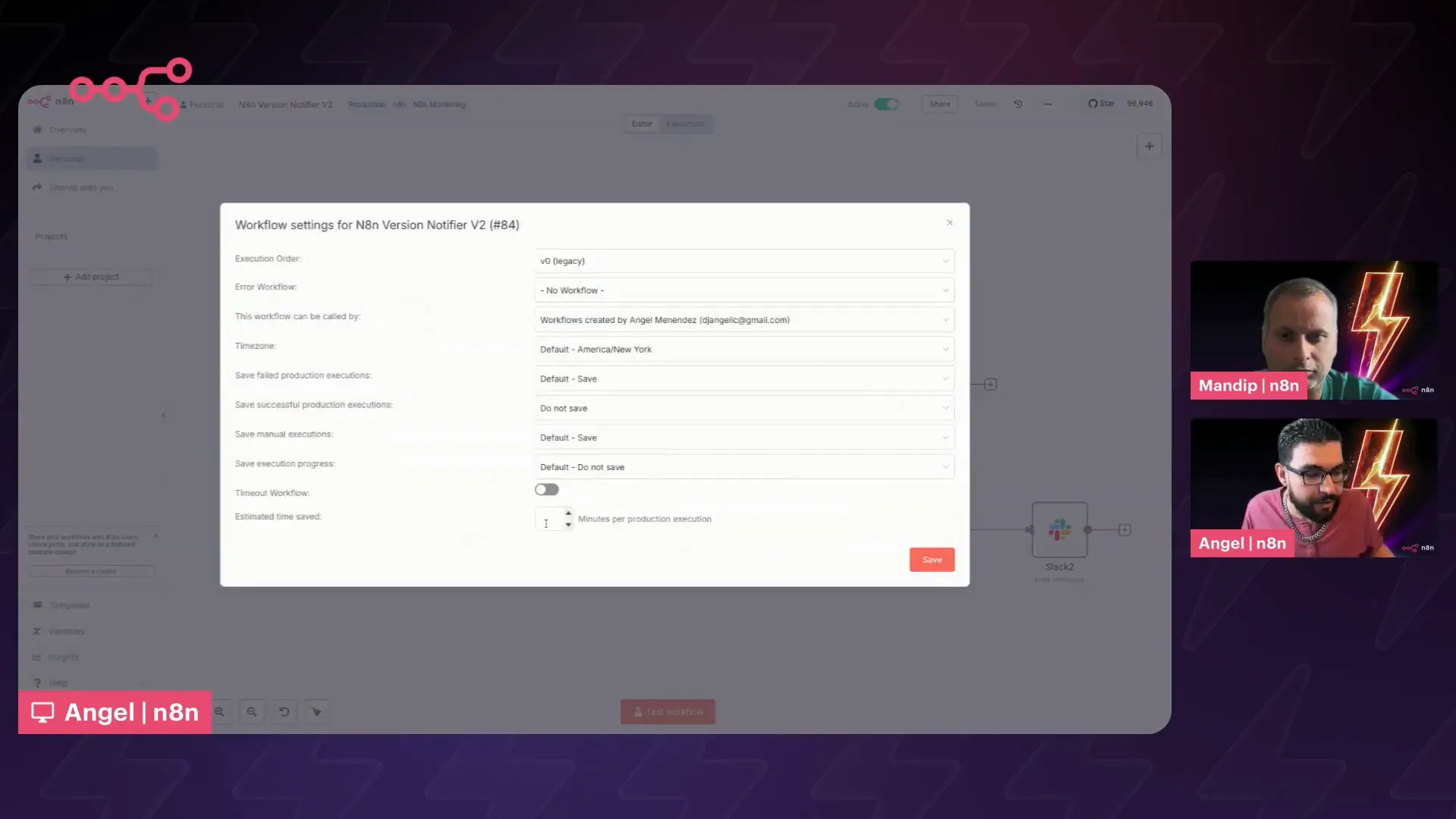 Workflow settings page in n8n showing estimated time saved input field