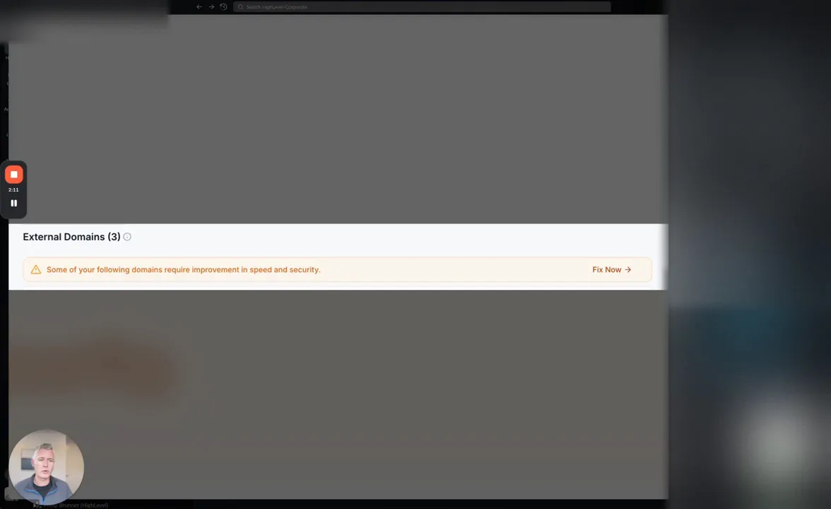Domains section banner showing fix now button for Cloudflare migration
