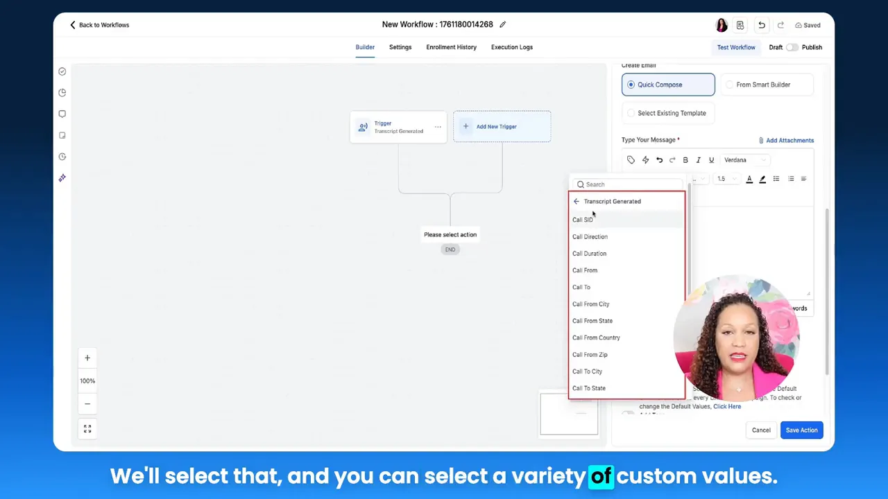Workflow builder with an open 'Transcript Generated' field list showing items like Call SID, Call Direction, Call Duration.