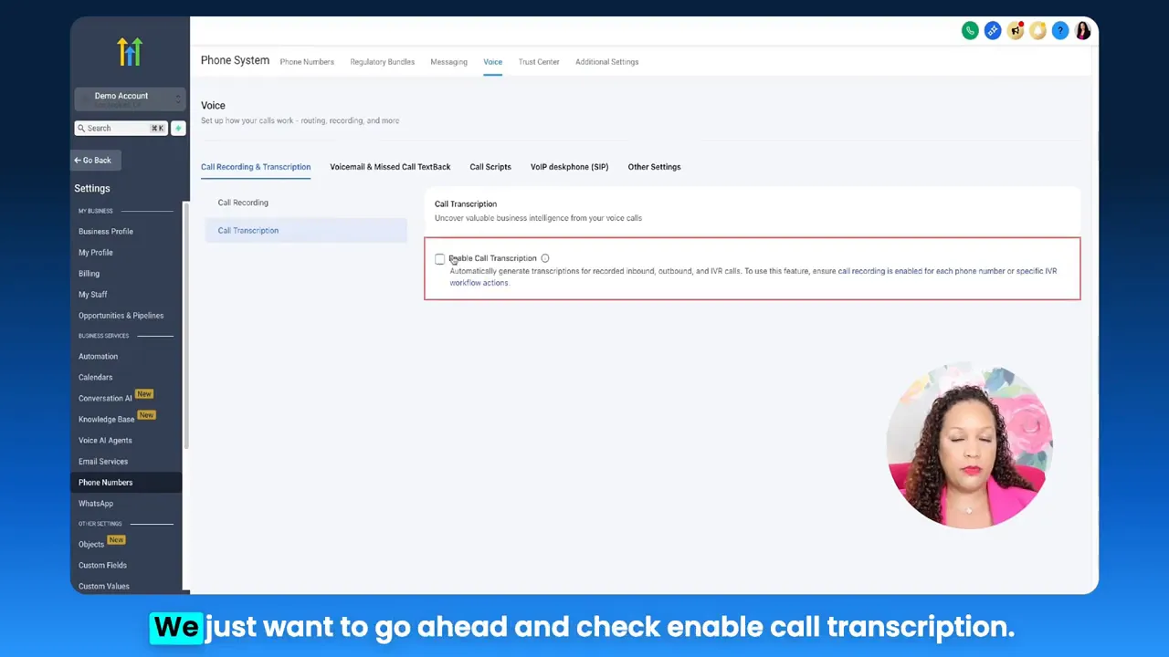 Phone System > Voice settings screen showing an outlined 'Enable Call Transcription' option in the call transcription panel.