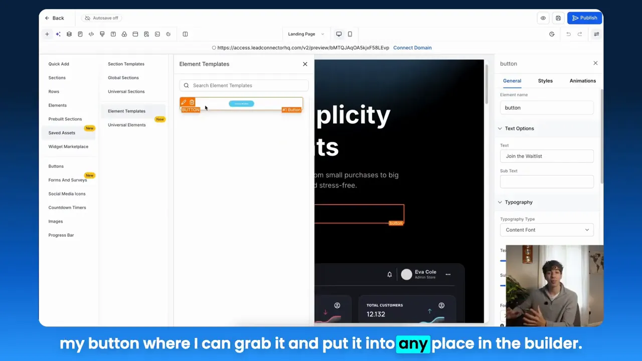 Element Templates list in GFunnel showing a saved button template ready to be dragged into the page builder.