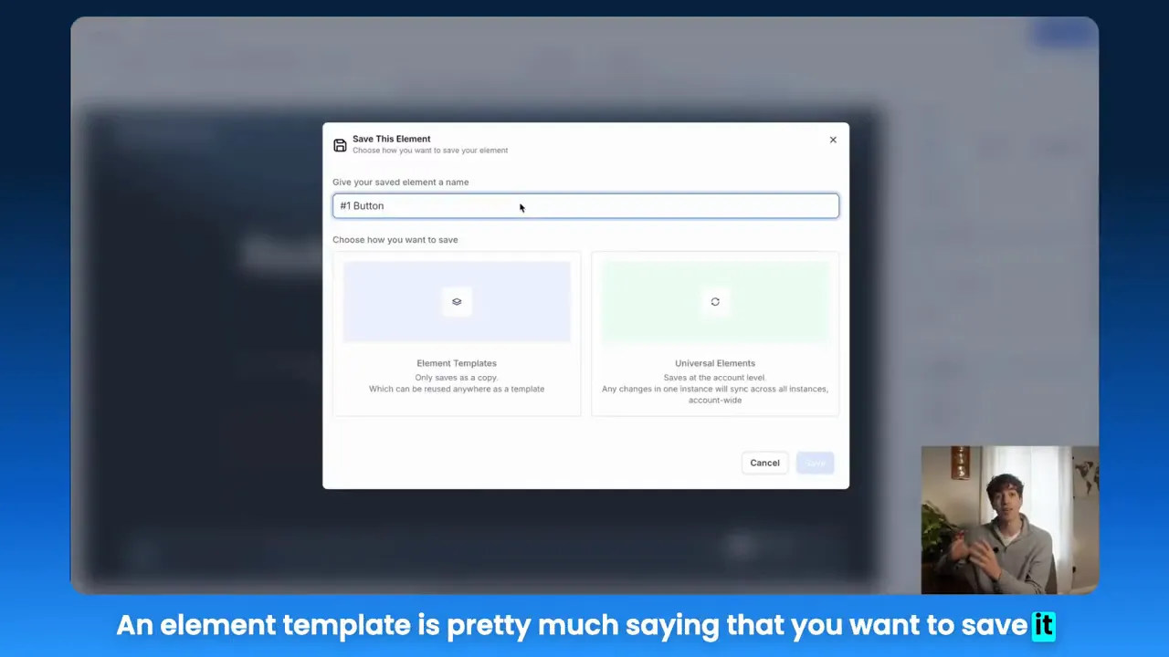 Save This Element dialog in GFunnel with options for Element Templates or Universal Elements