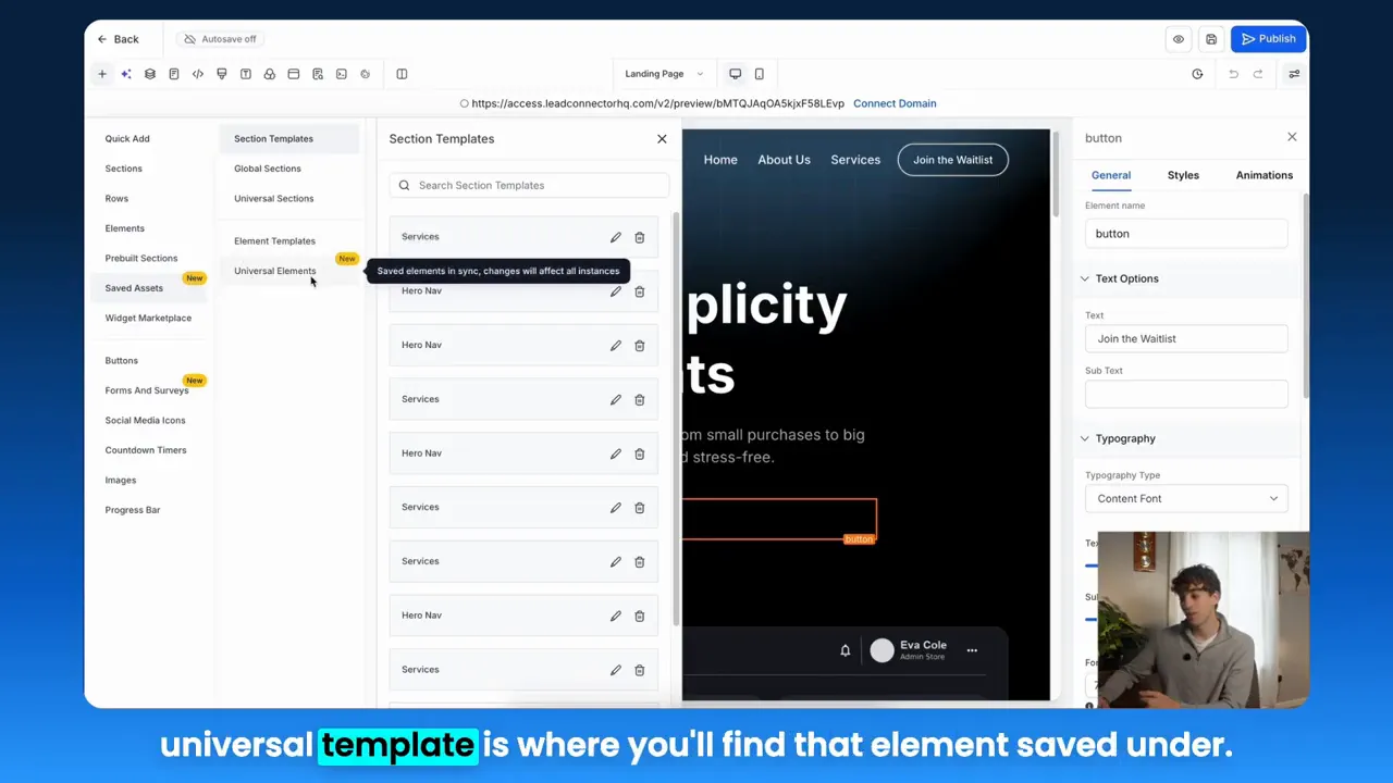 Element Templates panel with tooltip reading 'Saved elements in sync, changes will affect all instances' showing universal templates in the builder