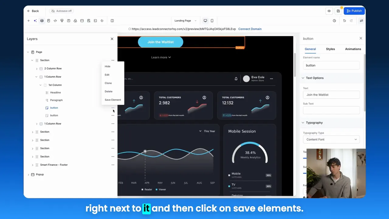 GFunnel builder Layers panel with the context menu open and the 'Save Element' option visible next to a button element.