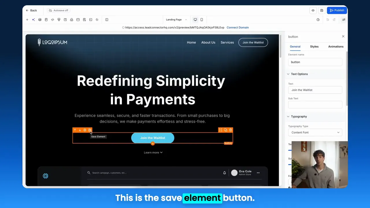 GFunnel editor with CTA button highlighted and a visible 'Save Element' tooltip