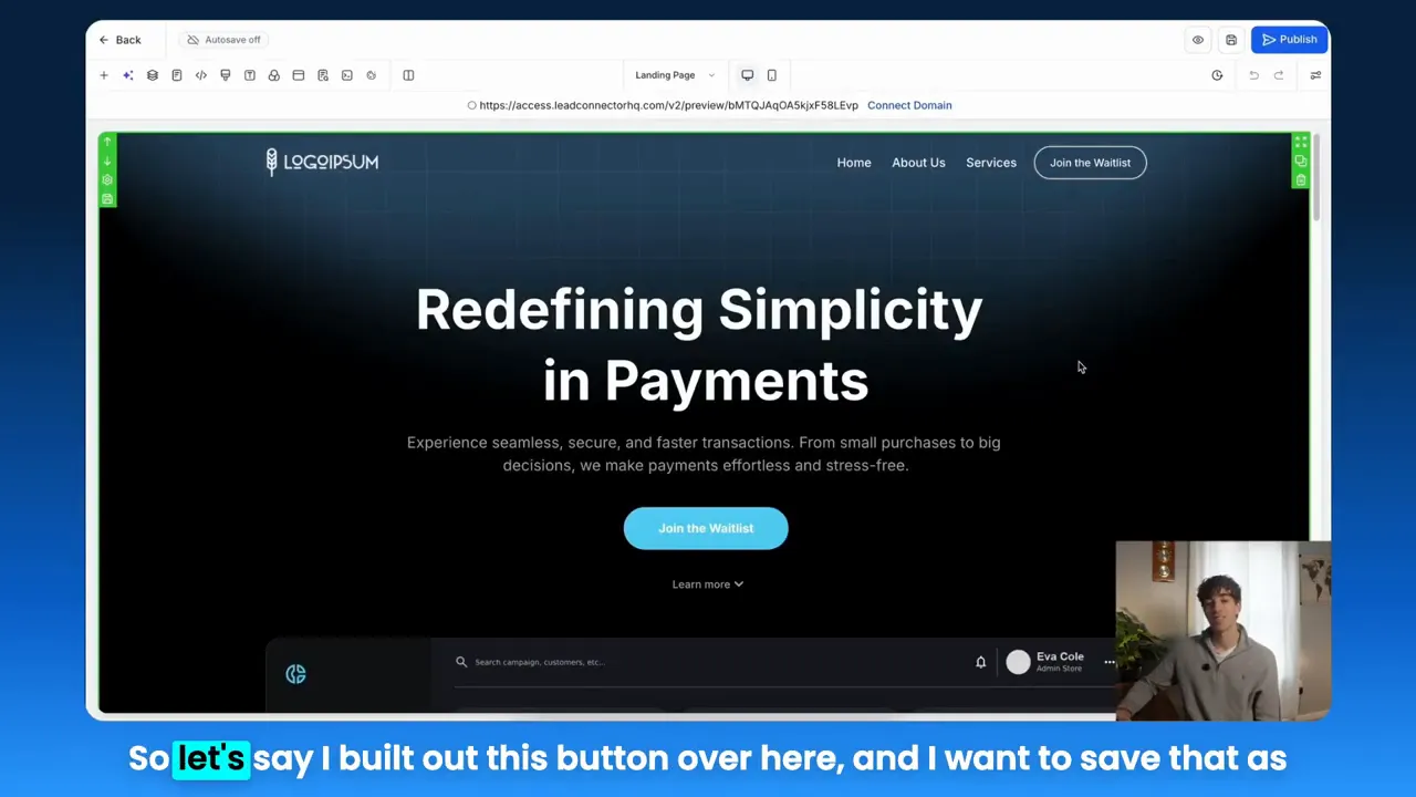 GFunnel page builder showing the hero area and a highlighted 'Join the Waitlist' button while the presenter explains saving the button as an element template.
