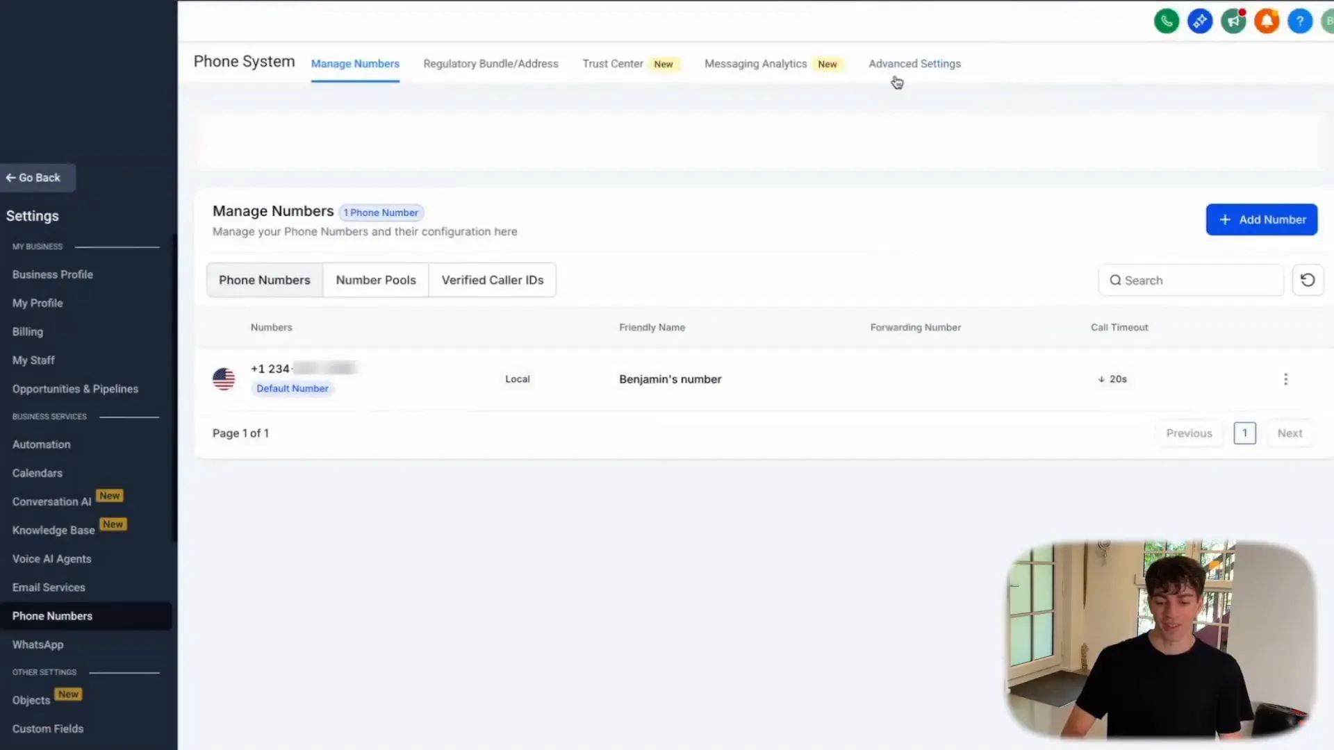 HighLevel dashboard showing settings and phone numbers area