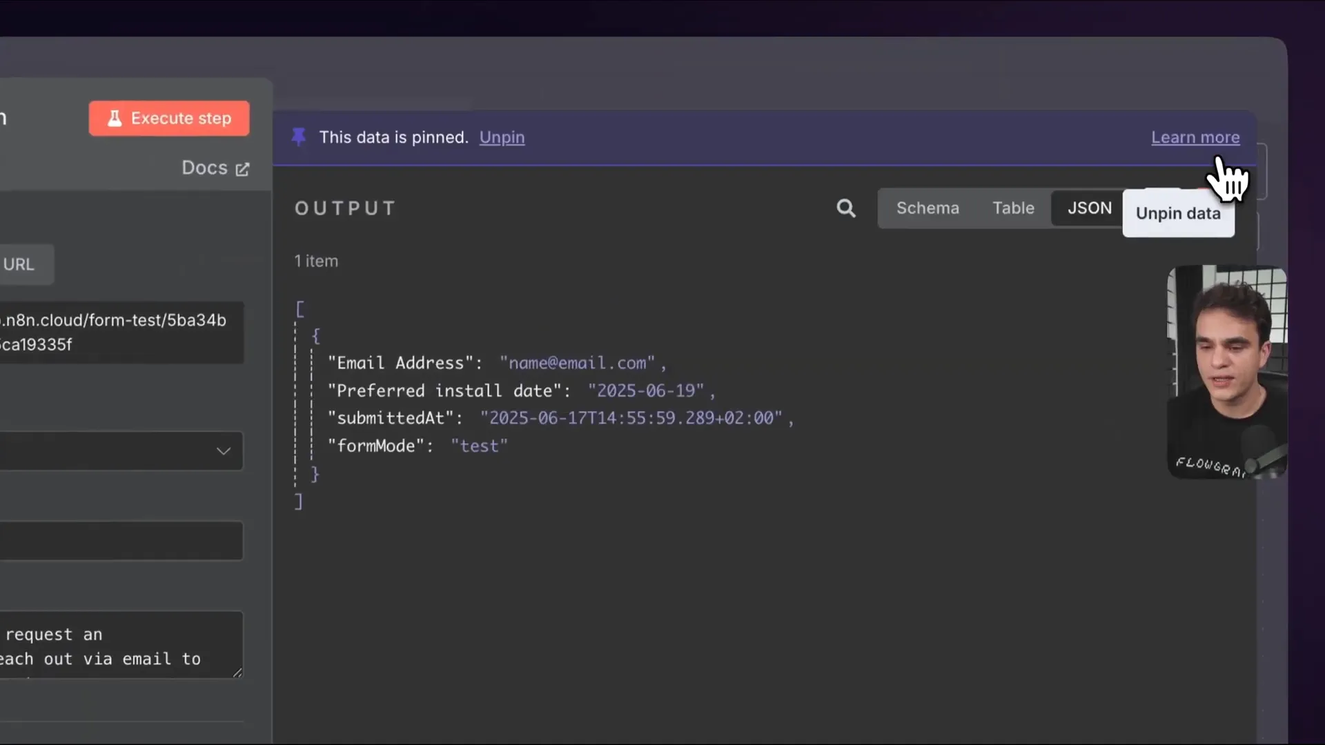 Pinning output data in n8n node