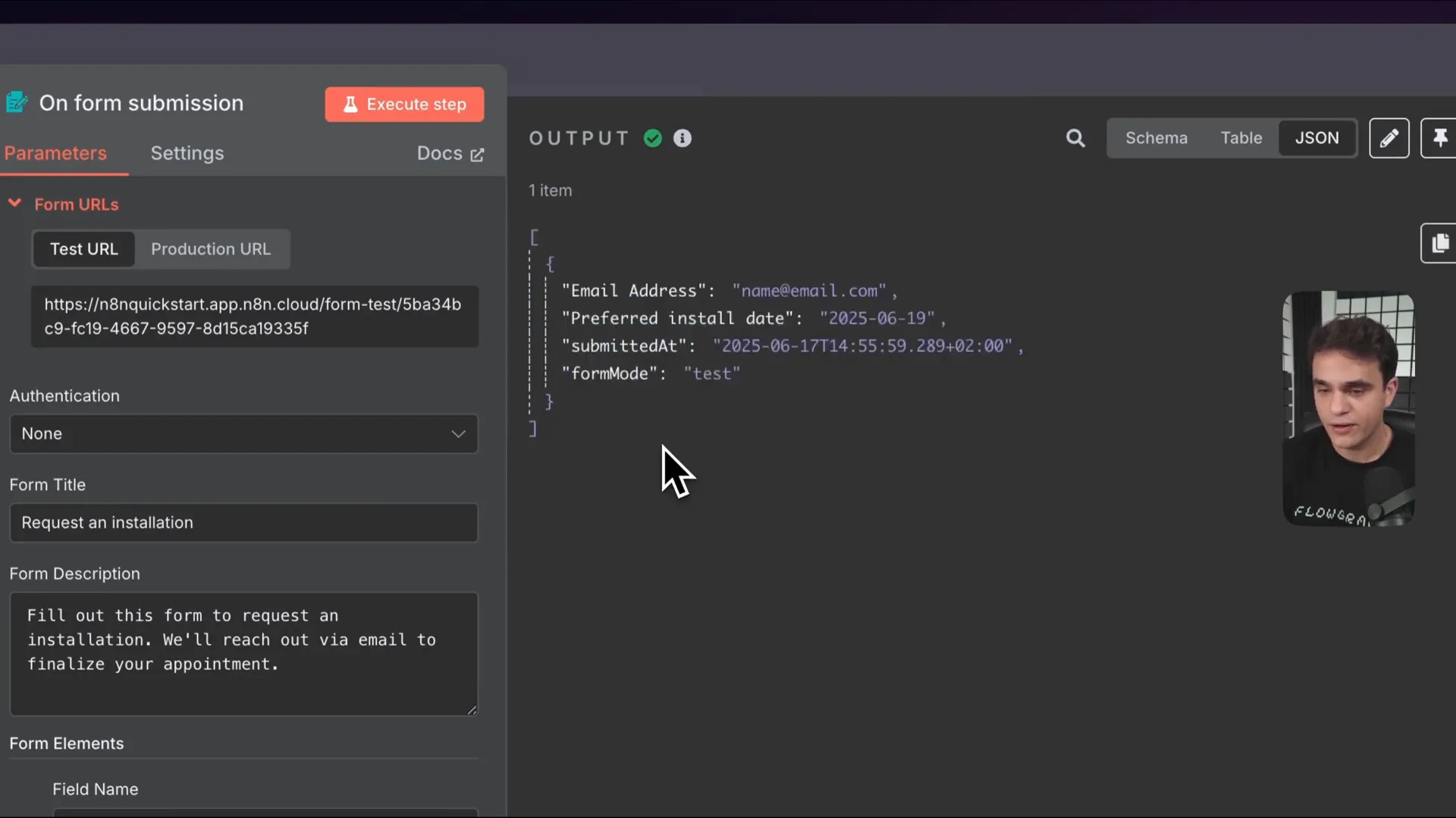 Output data from n8n workflow showing JSON data