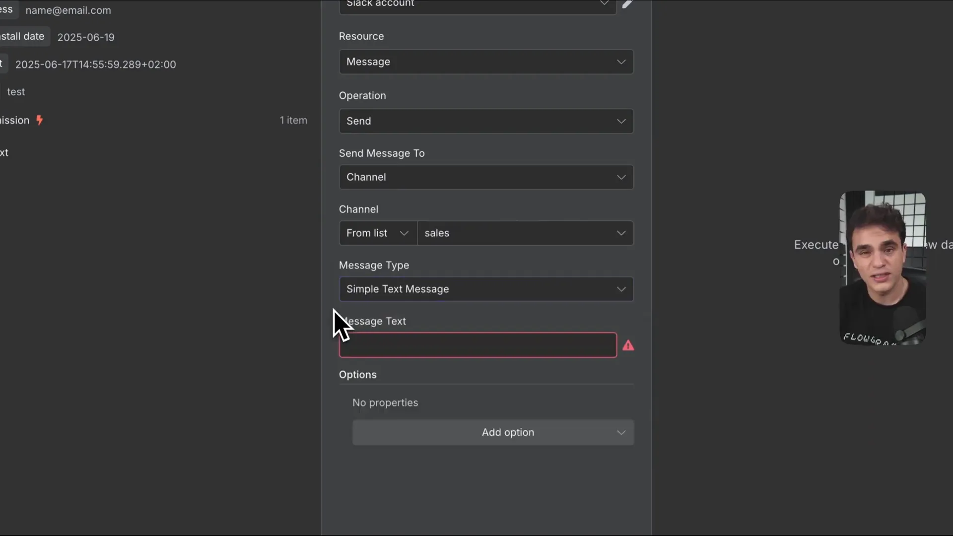 Configuring Slack node to send message with dynamic data
